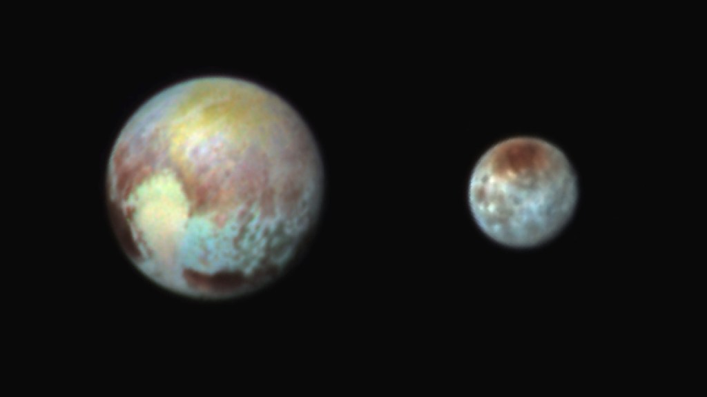 Pluto and Charon in False Color Showing Compositional Diversity